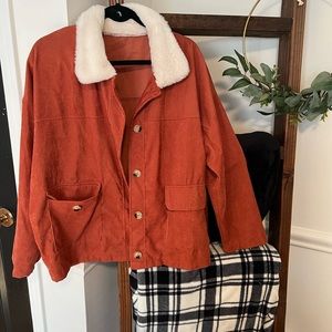 Orange Corduroy faux fur collar jacket